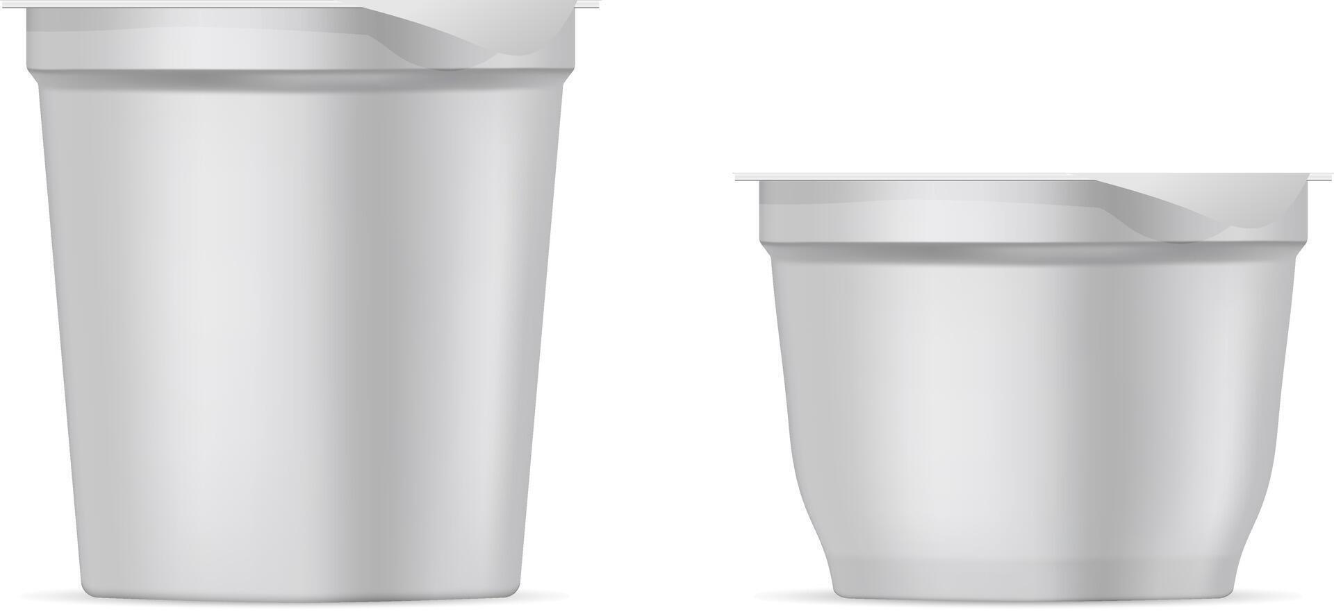 Round silver white matte plastic or paper pots set with foil cover for yogurt, cream, dessert or jam. Realistic packaging mockup template. 3d illustration. vector