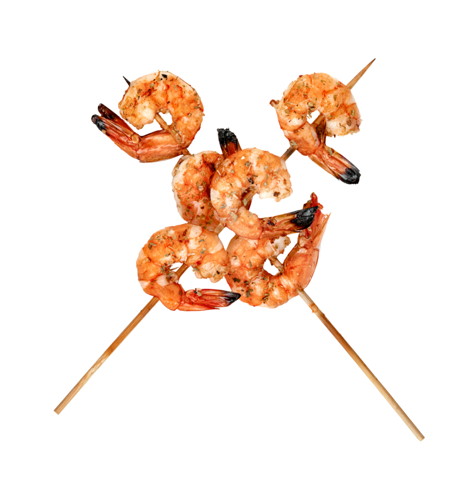 roasted peeled prawn with skewer isolated. grilled shrimp png