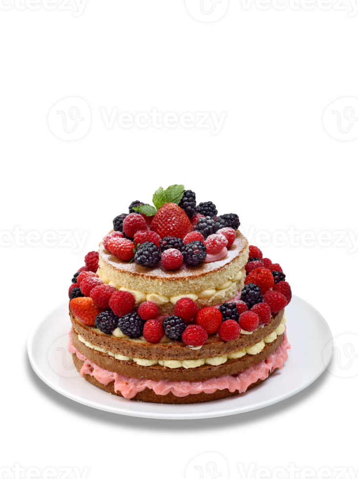 naked cake with red fruits and cream on neutral background png