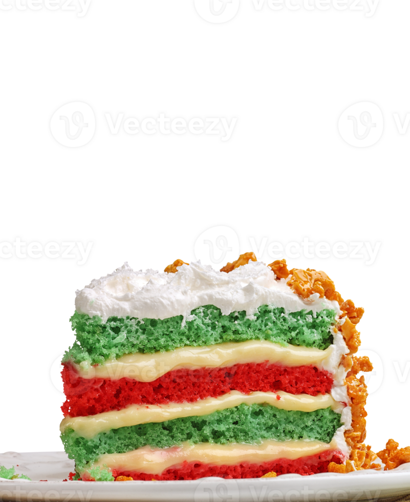 slice of colorful cake with vanilla cream and whipped cream on neutral background png