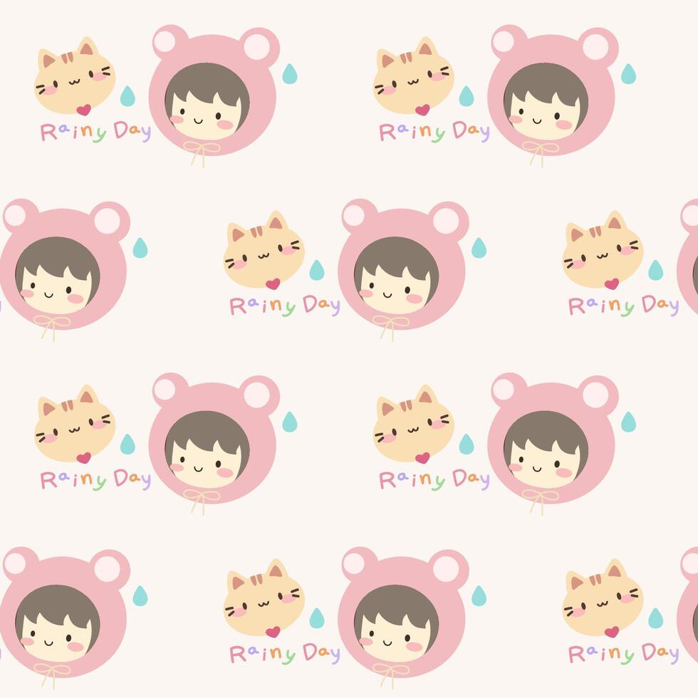 Hand drawn pattern with cute little girl and cat on white background vector