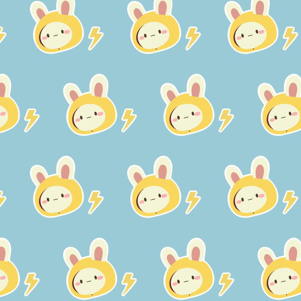 Hand drawn pattern with cute rabbit and yellow thunder on blue background vector