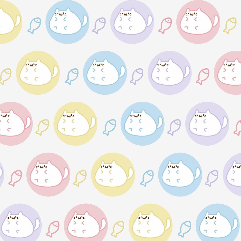 Kawaii cute pattern with pastel cat and fish on white background vector
