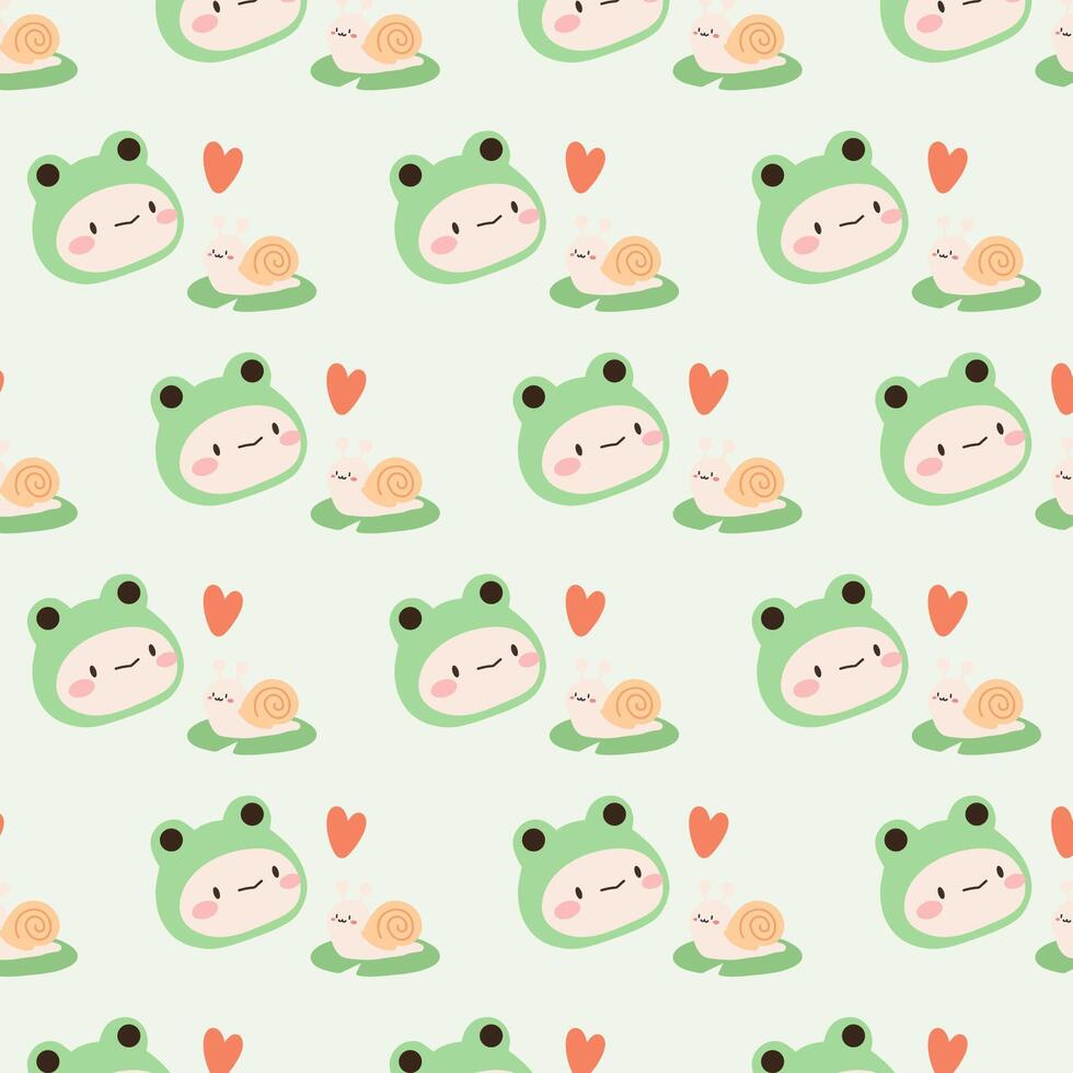 Kawaii cute pattern with frog and little snail on soft green background vector