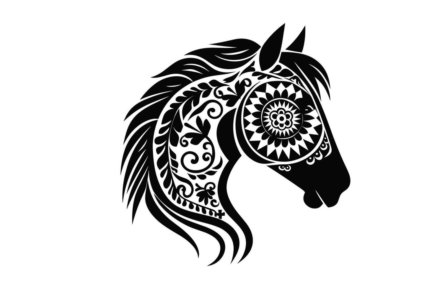 caballo cabeza mandala silueta negro y blanco clipart vector