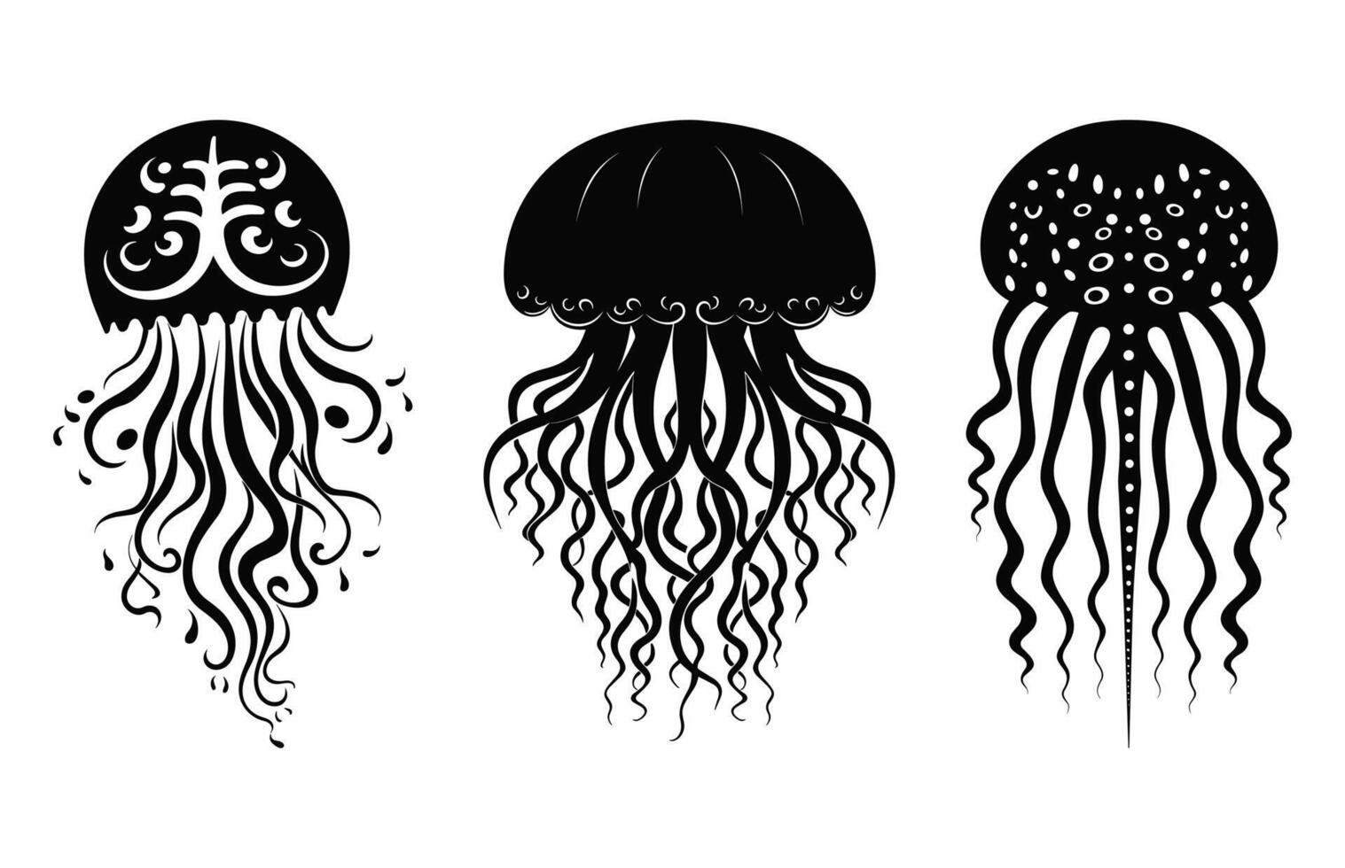 Jellyfish mandala Silhouette Clipart Set, Jellyfish black Silhouettes vector