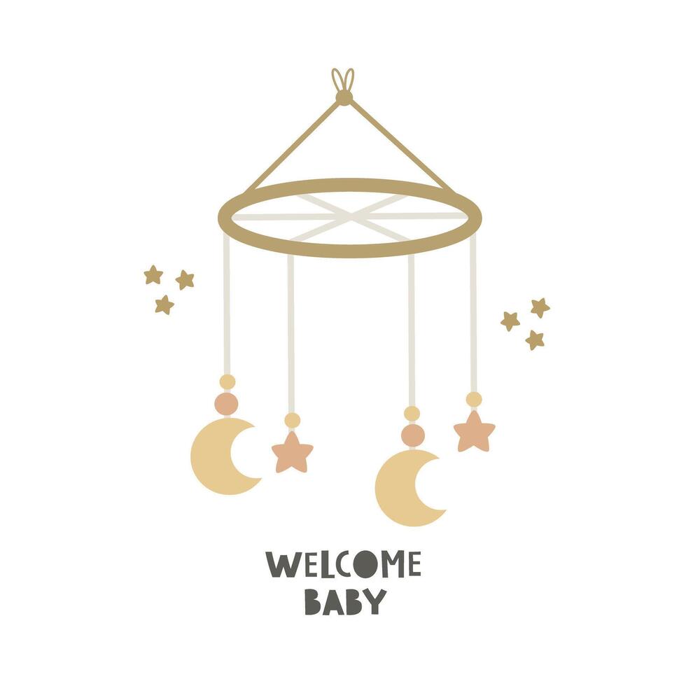 Welcome baby. Cartoon babe decor element, toy, hand drawing lettering. vector