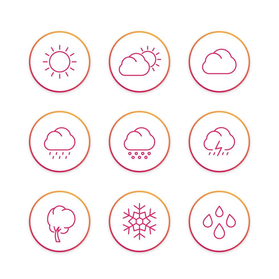 Weather line icons set, forecast elements, sunny, cloudy day, rain, snowflake, hail, snow vector