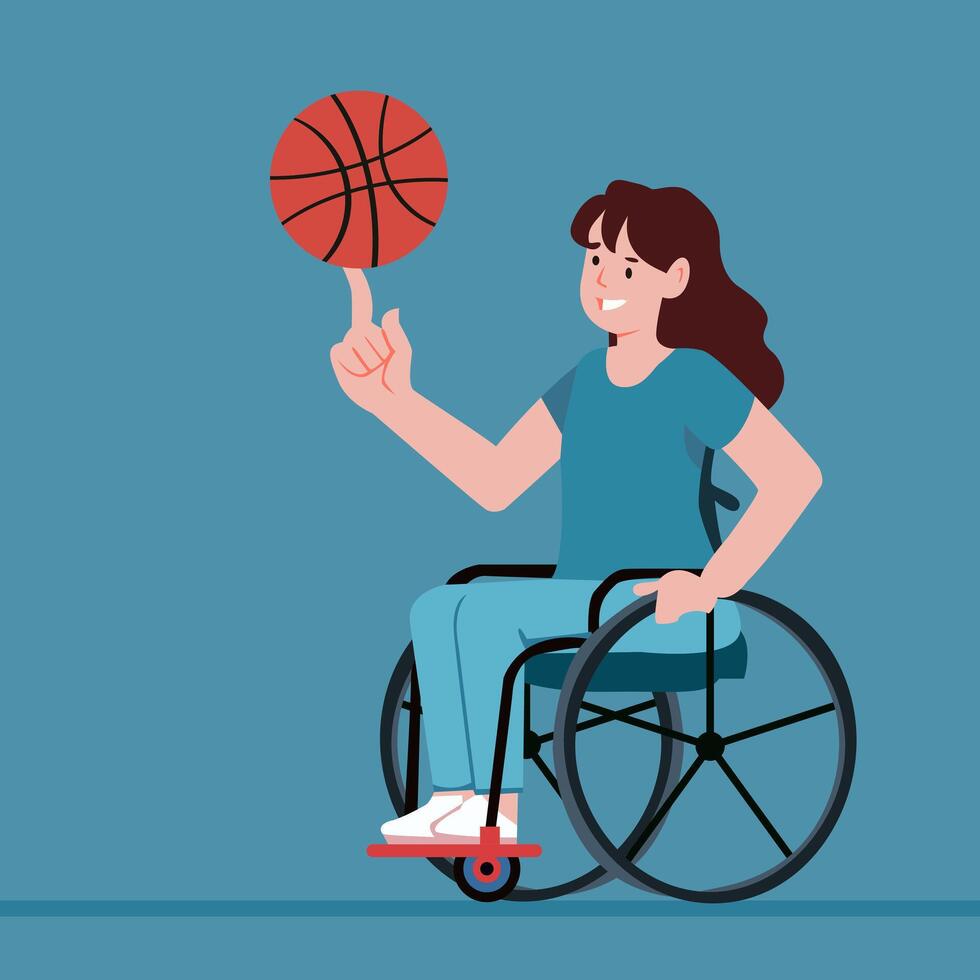 un niña en un silla de ruedas obras de teatro baloncesto. discapacitado persona giros un baloncesto en su dedo. concepto. ejercicio para personas con discapacidades plano ilustración. vector