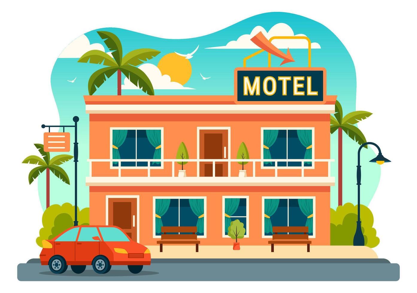 Hotel Illustration of interior and exterior with building on green grass, beach and promenade street and palm trees in Flat Cartoon Background vector