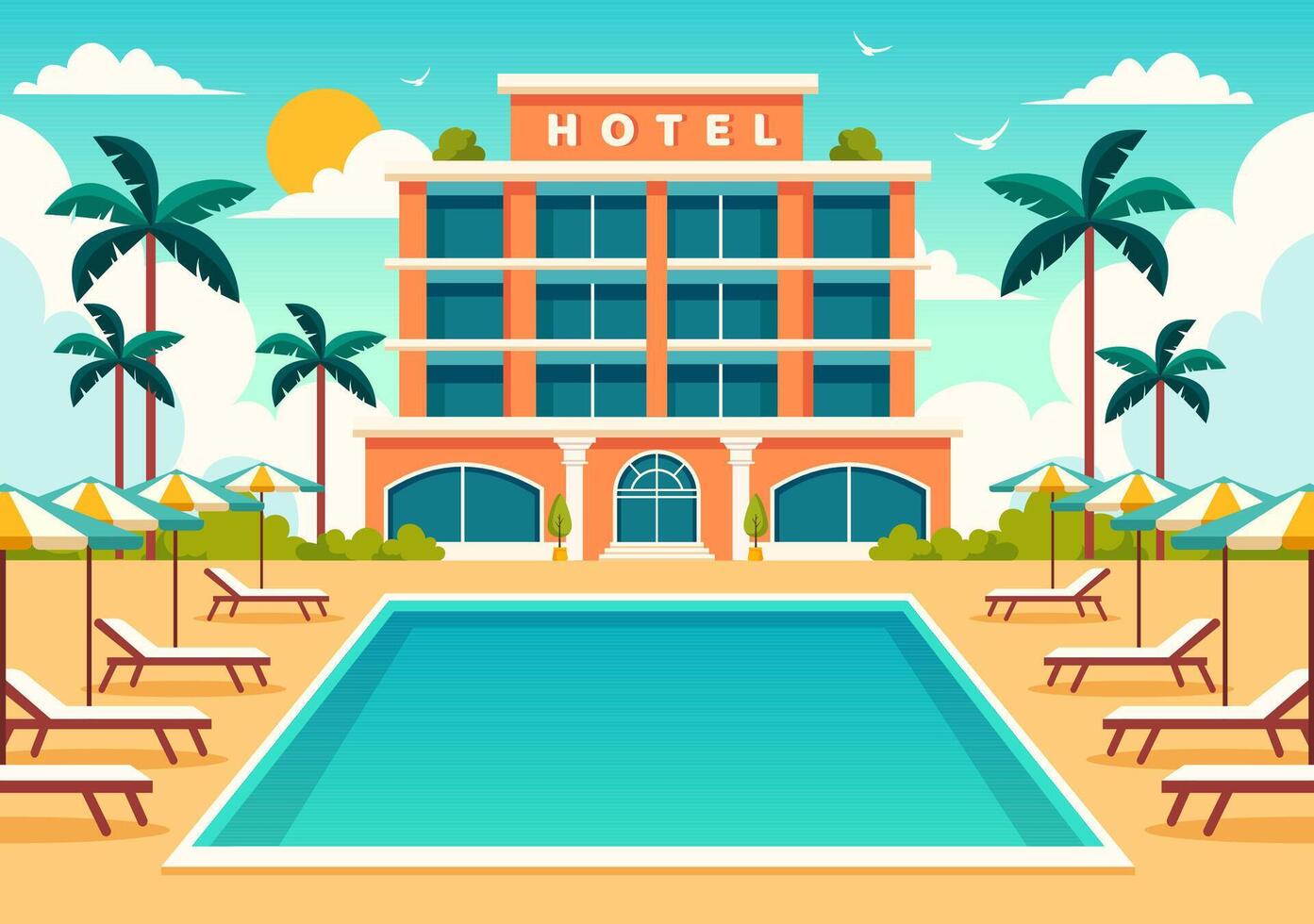 hotel ilustración de interior y exterior con edificio en verde césped, playa y paseo calle y palma arboles en plano dibujos animados antecedentes vector