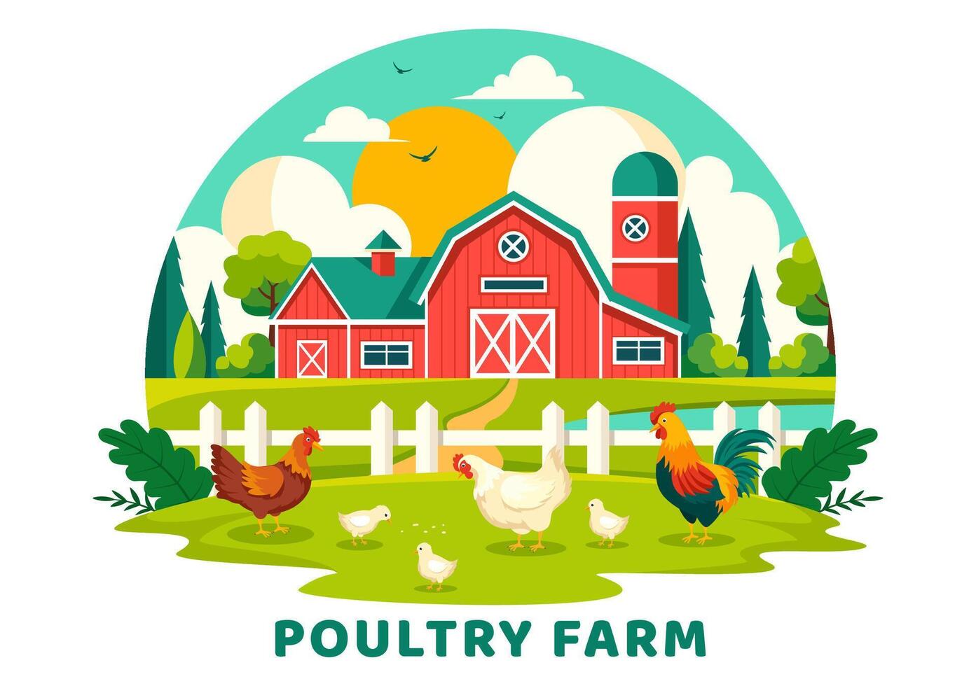 Poultry Farm Illustration with Chickens, Roosters, Straw, Cage and Egg on Scenery of Green Field in Flat Cartoon Background Design vector