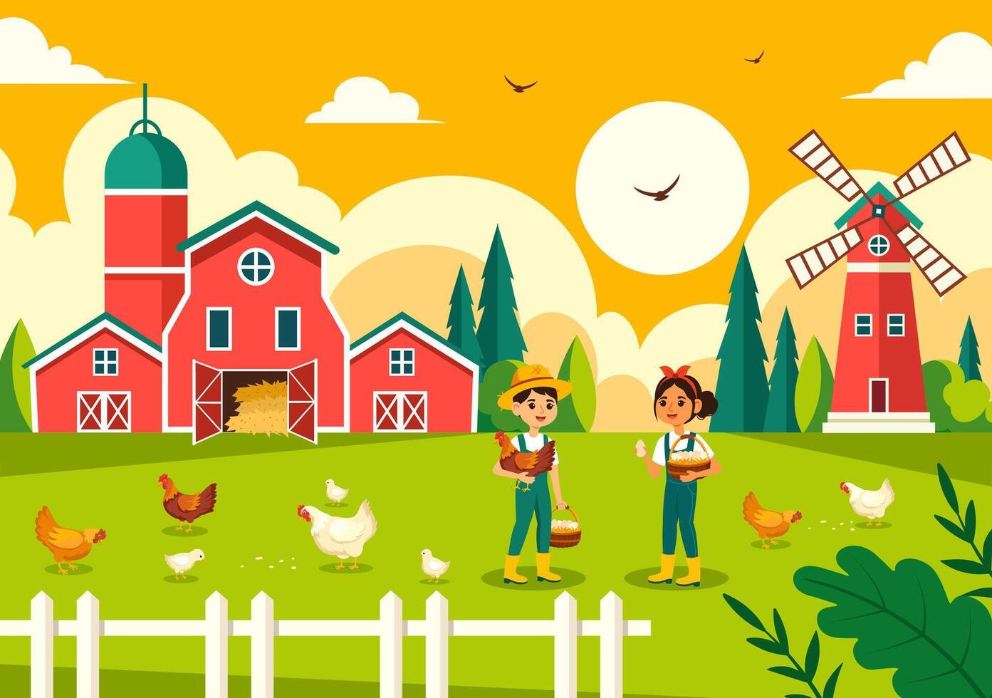Poultry Farm Illustration with Chickens, Roosters, Straw, Cage and Egg on Scenery of Green Field in Flat Cartoon Background Design vector