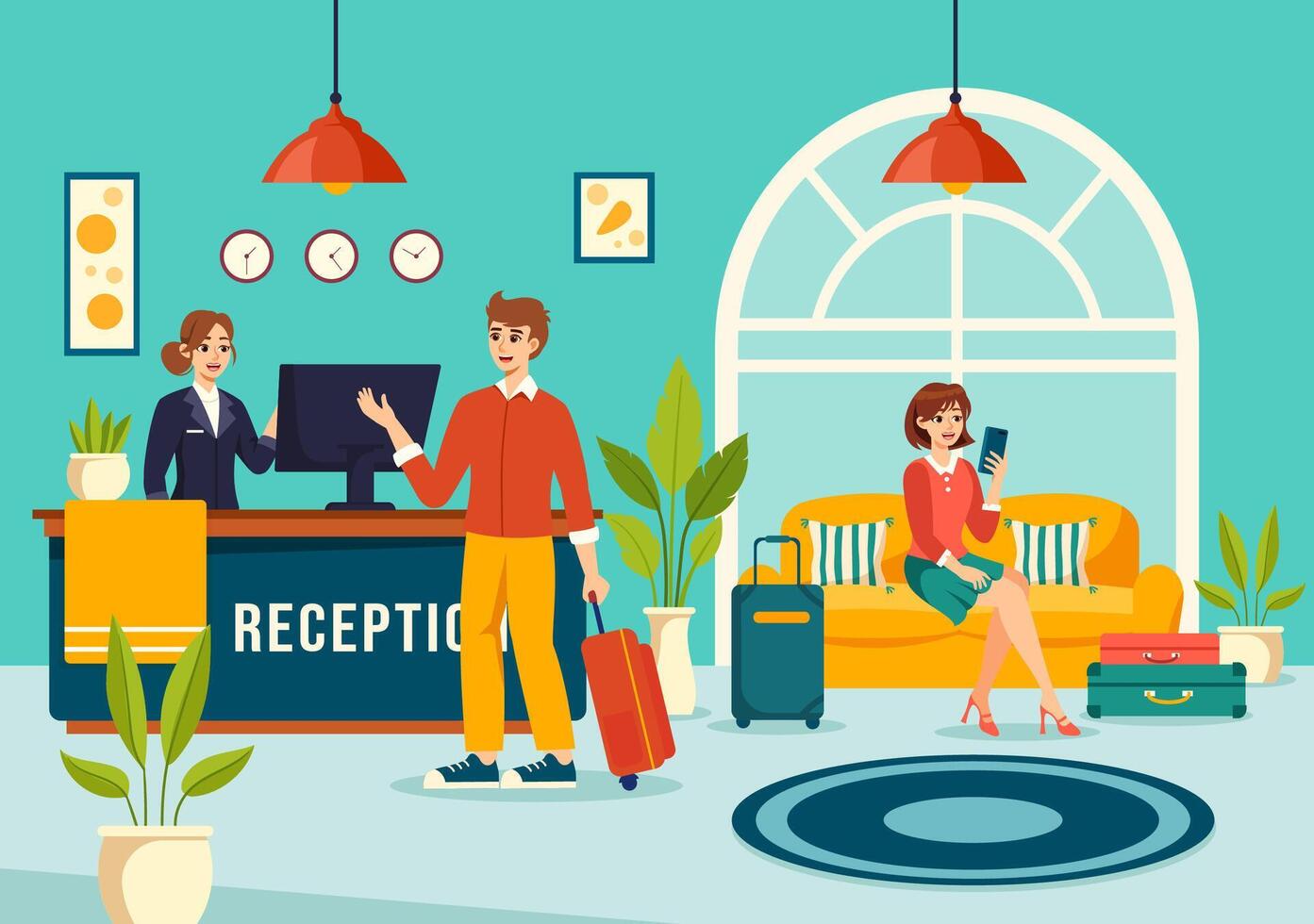 Hotel Reception Interior Illustration with Receptionist People and Travelers for Booking in Flat Cartoon Background vector