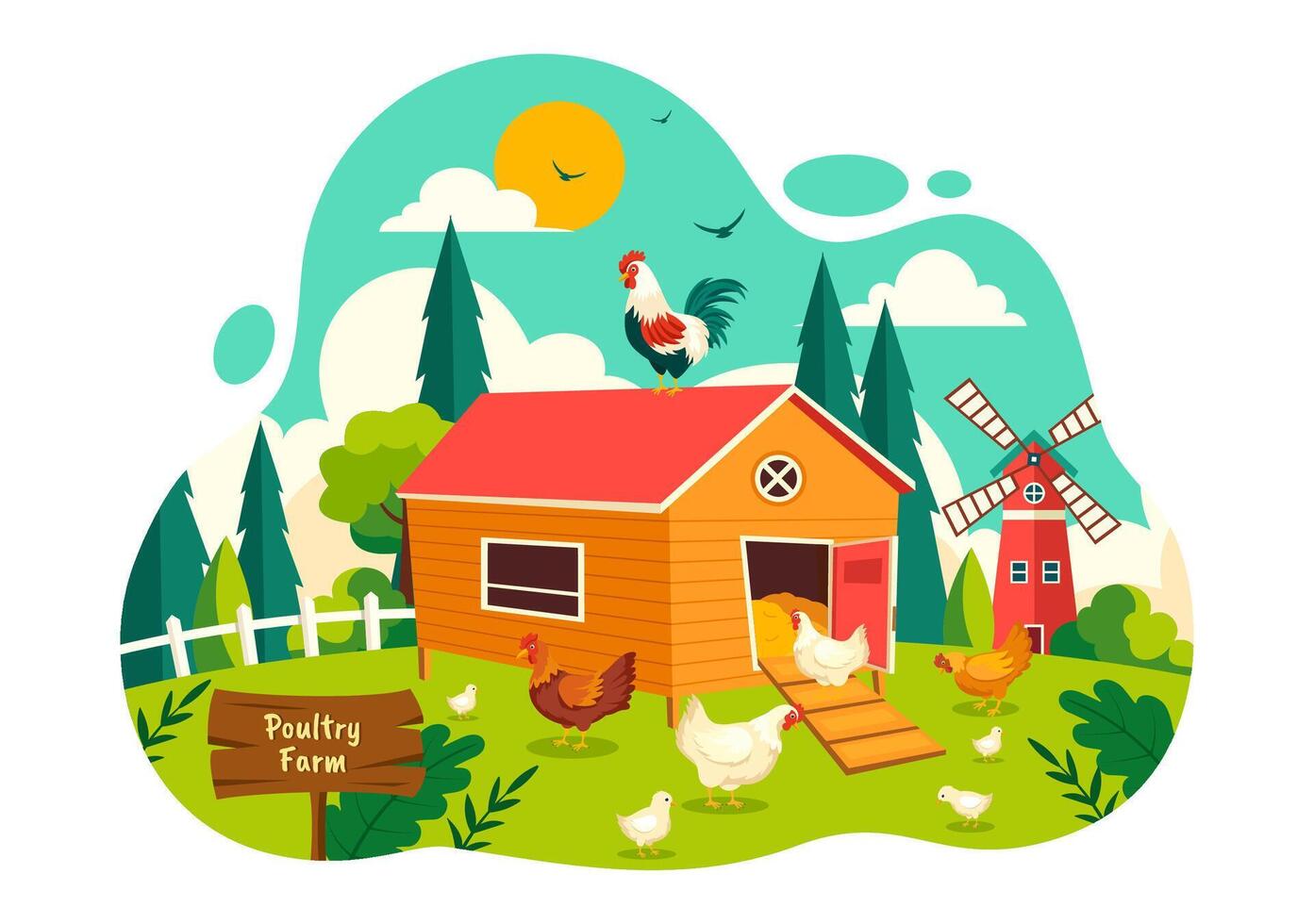 Poultry Farm Illustration with Chickens, Roosters, Straw, Cage and Egg on Scenery of Green Field in Flat Cartoon Background Design vector