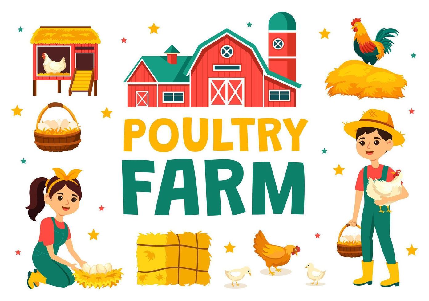 aves de corral granja ilustración con pollos, gallos, paja, jaula y huevo en paisaje de verde campo en plano dibujos animados antecedentes diseño vector