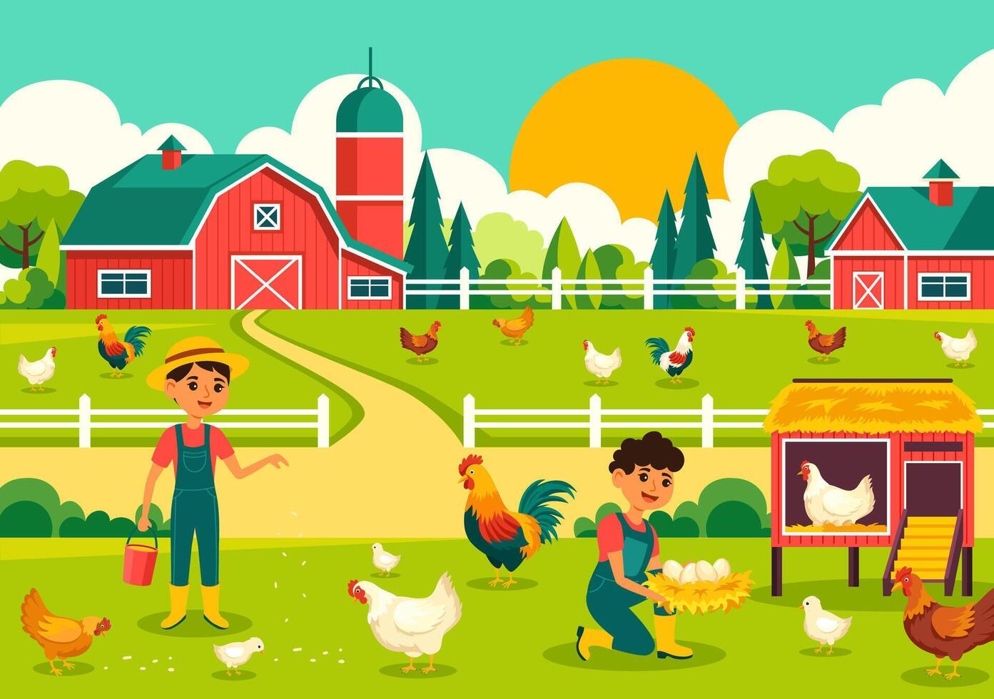 Poultry Farm Illustration with Chickens, Roosters, Straw, Cage and Egg on Scenery of Green Field in Flat Cartoon Background Design vector