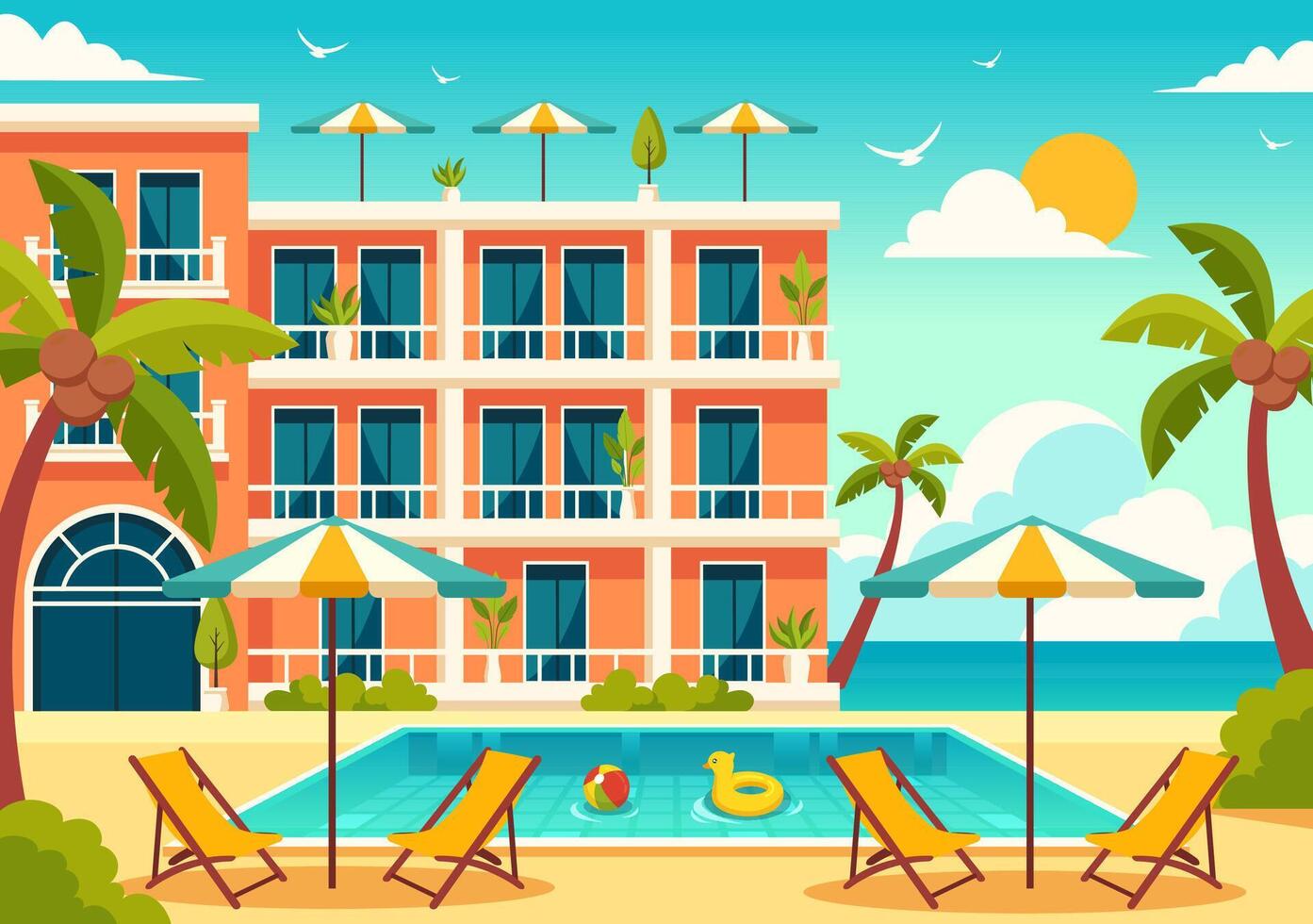 Hotel Illustration of interior and exterior with building on green grass, beach and promenade street and palm trees in Flat Cartoon Background vector