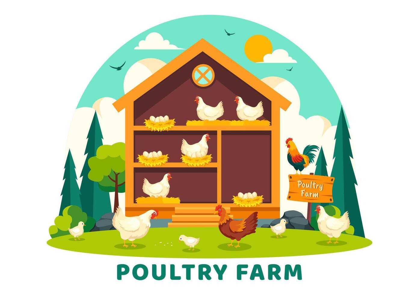 Poultry Farm Illustration with Chickens, Roosters, Straw, Cage and Egg on Scenery of Green Field in Flat Cartoon Background Design vector