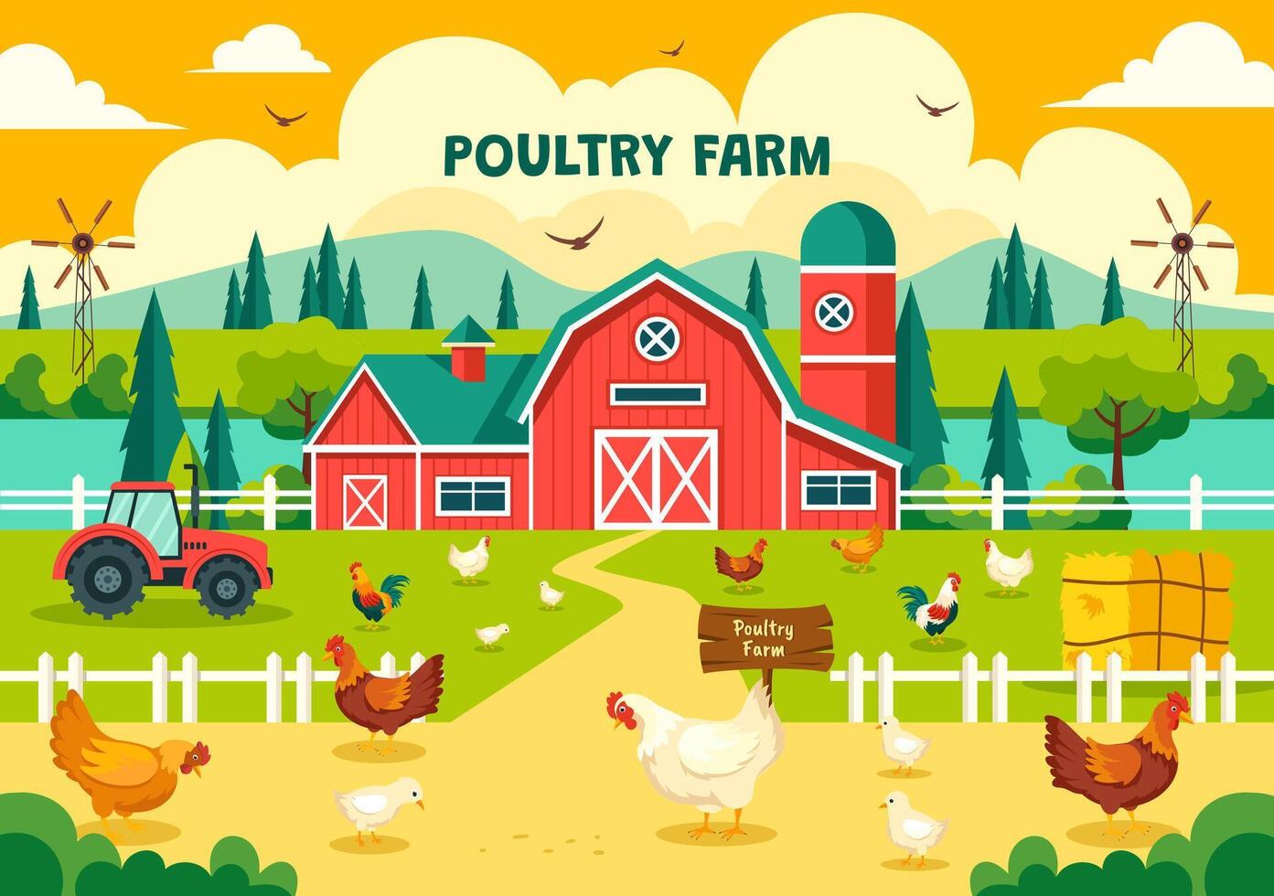 Poultry Farm Illustration with Chickens, Roosters, Straw, Cage and Egg on Scenery of Green Field in Flat Cartoon Background Design vector