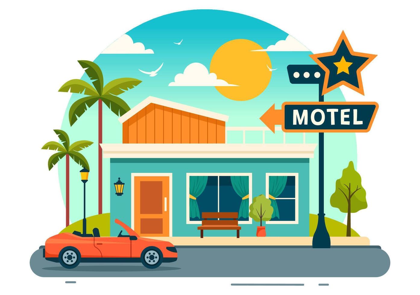 Hotel Illustration of interior and exterior with building on green grass, beach and promenade street and palm trees in Flat Cartoon Background vector