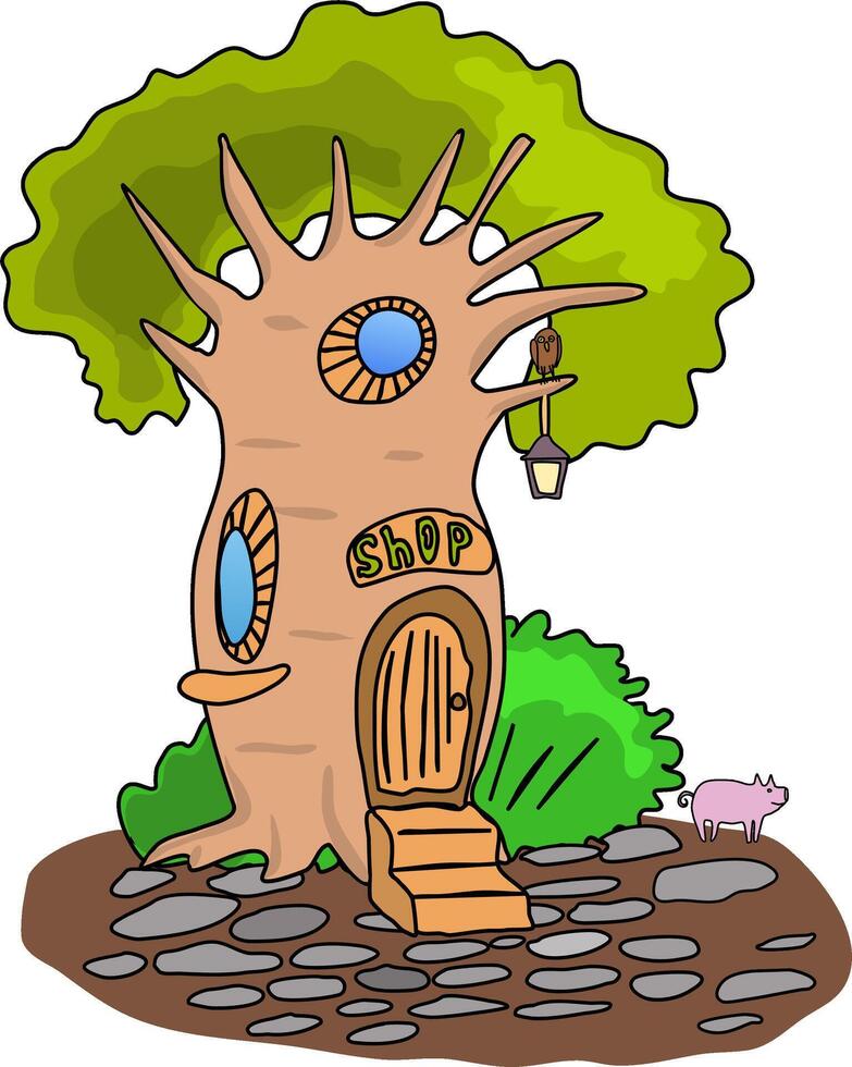 Shop the house inside the tree. Fantasy dwelling for forest dwellers baobab trade shop. illustration tree with steps and windows. Above the door there is an inscription store. Inside the living vector