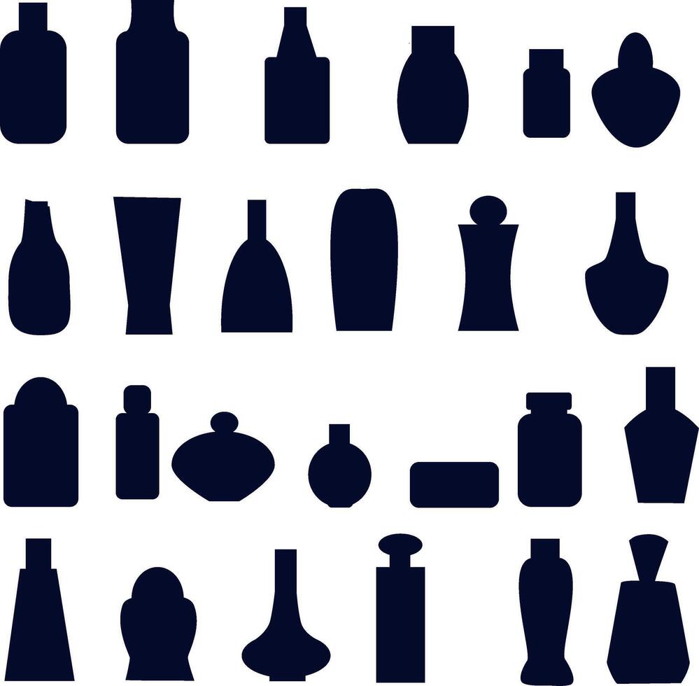 Graphic resource different perfume bottles, shampoo jars and bottles with persperants and cleaning agents of different shapes and colors. illustration Different containers for the shelves of vector