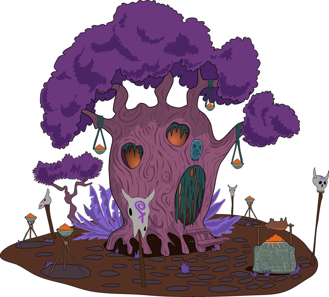 A cartoon purple shamanic tree that you can live in. The tree has windows doors and steps. illustration building tree baobab for cartoon games or banner. A small courtyard with a grill and vector