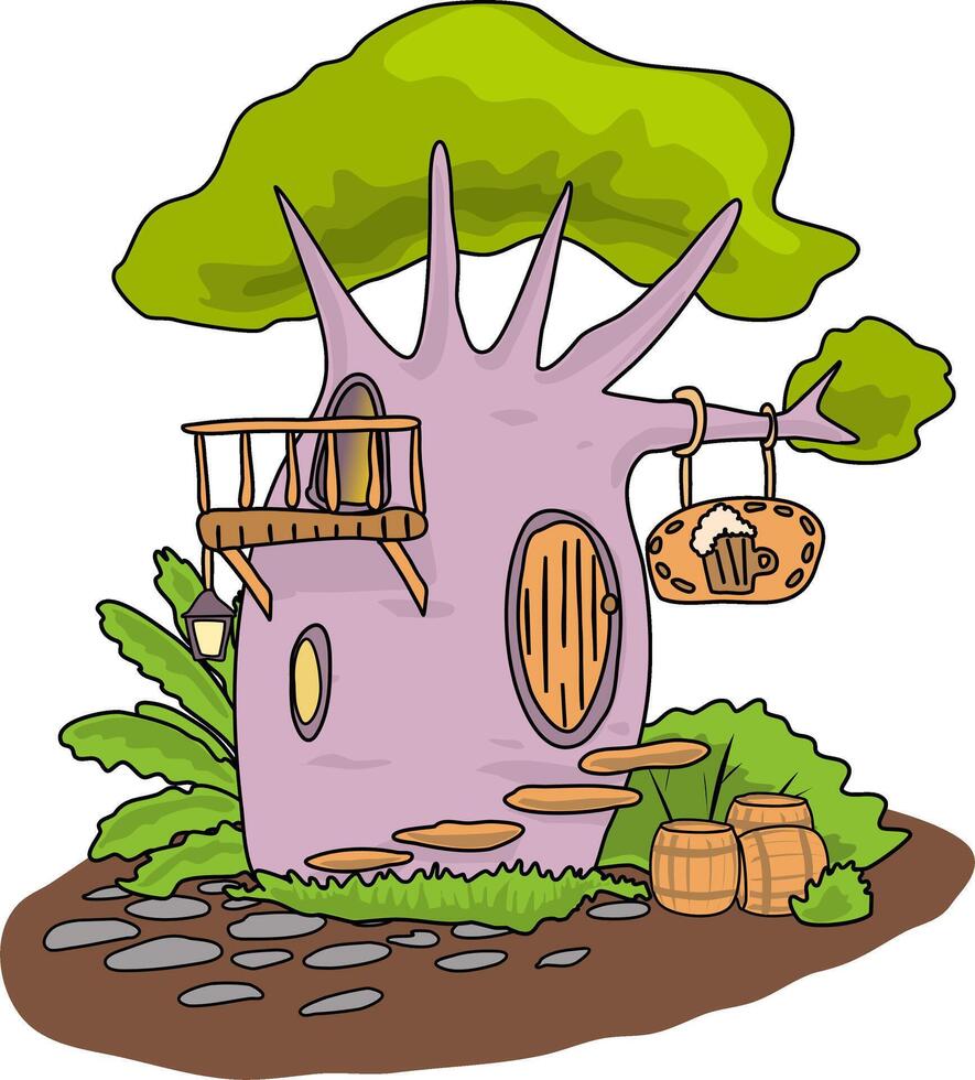 A forest tavern inside a tree trunk. Fantasy cartoon style elven establishment in the forest. illustration of a growing live baobab tree with a tavern inside. Balcony on a tree a door and a vector