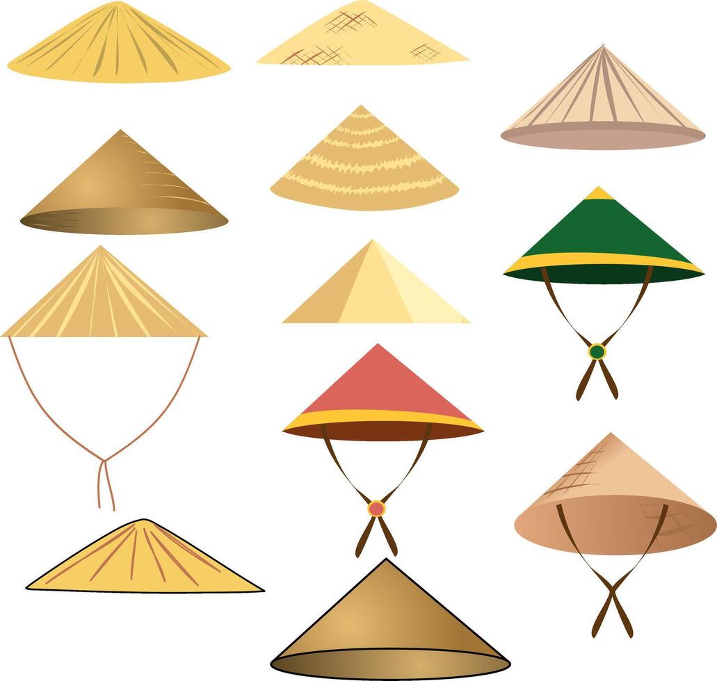 Twelve Pieces Set Chinese Straw Triangle Hat Dowley Pinyin Limao. illustration different shapes and color of Chinese folk limao hat made of straw vector