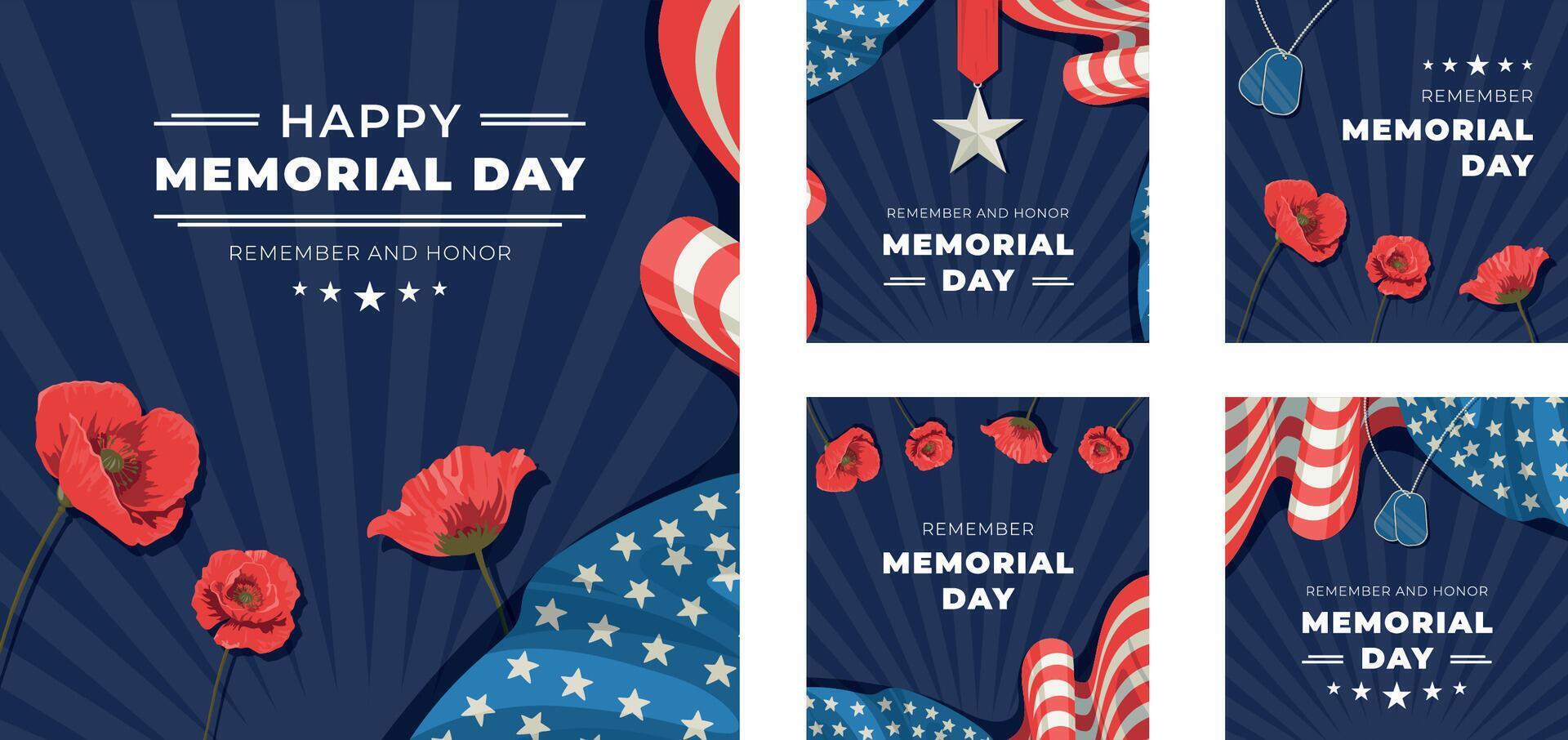 Flat instagram posts collection for usa memorial day celebration vector