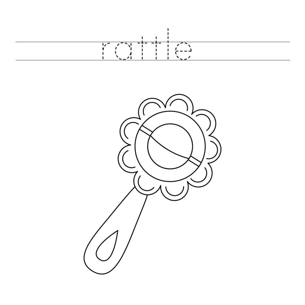 Trace the letters and color cartoon toy rattle. Handwriting practice for kids. vector