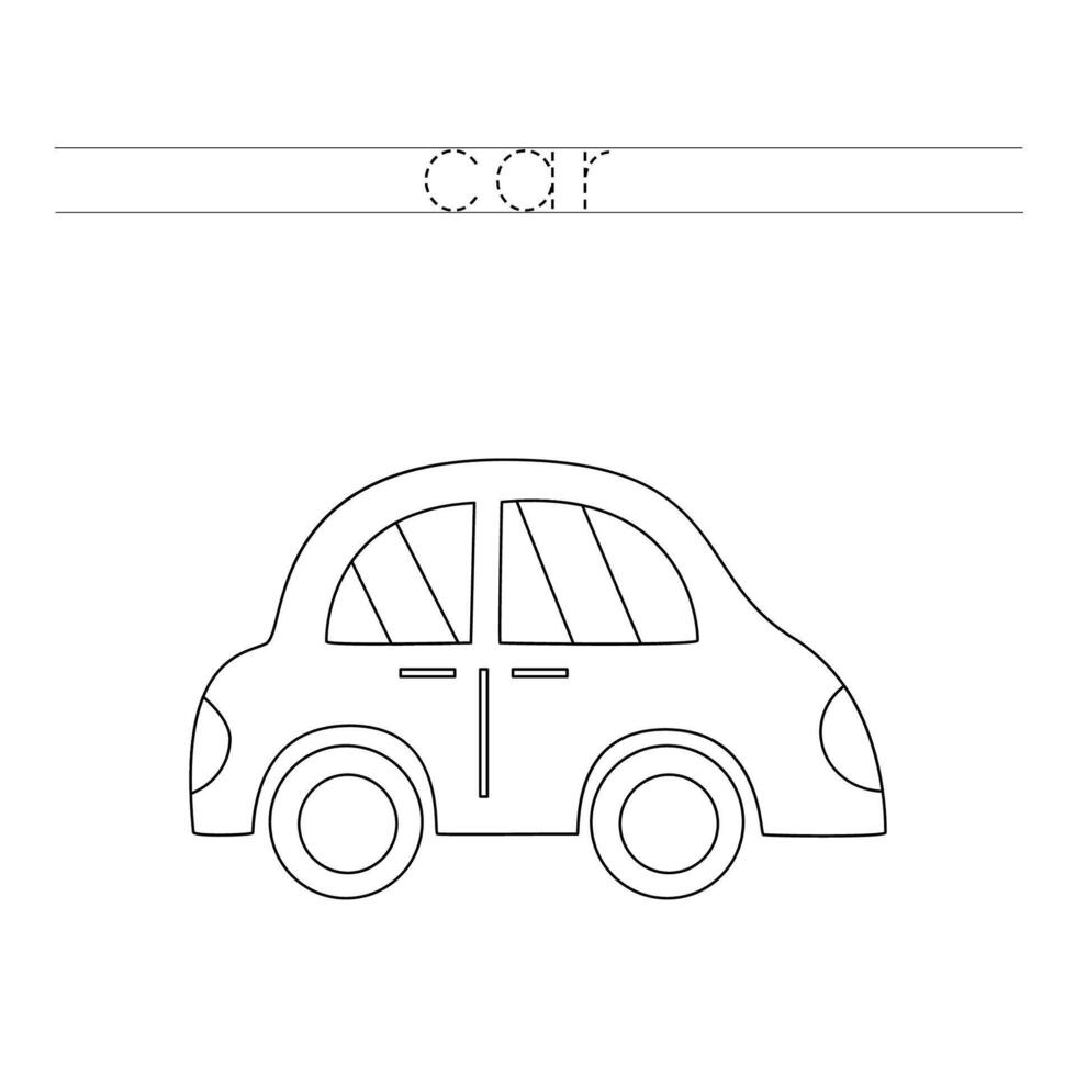 Trace the letters and color cartoon toy car. Handwriting practice for kids. vector