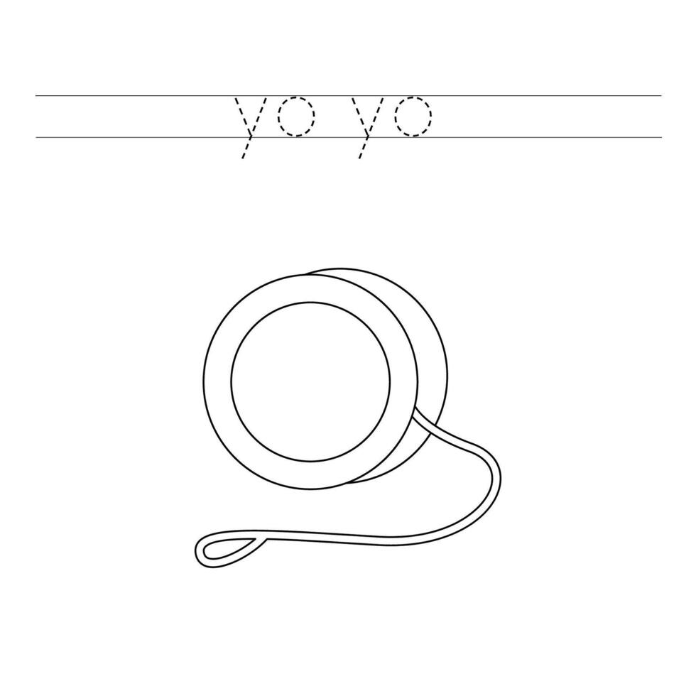 Trace the letters and color cartoon yo yo toy. Handwriting practice for kids. vector