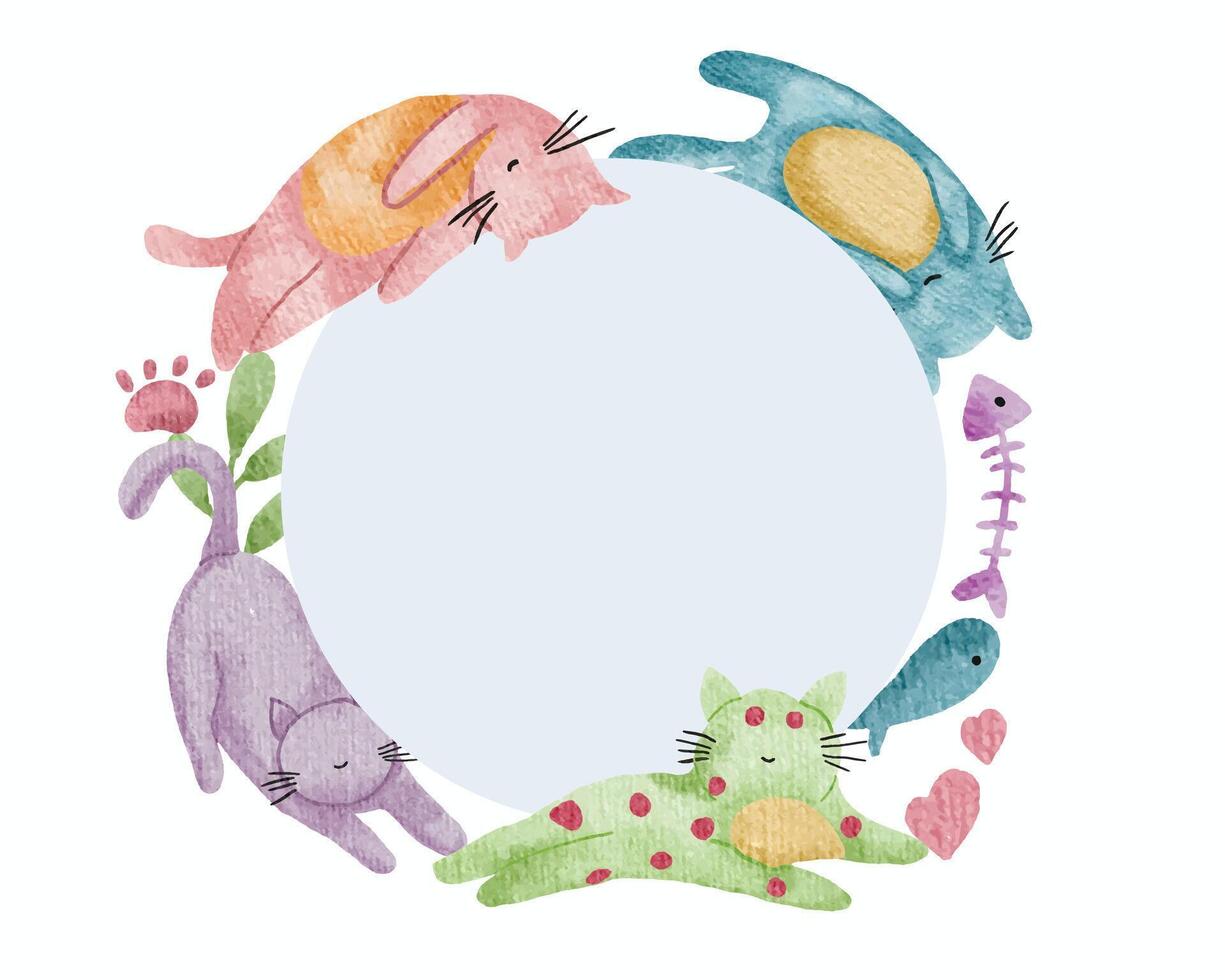 Cute Colorful Cat Watercolor Wreath vector