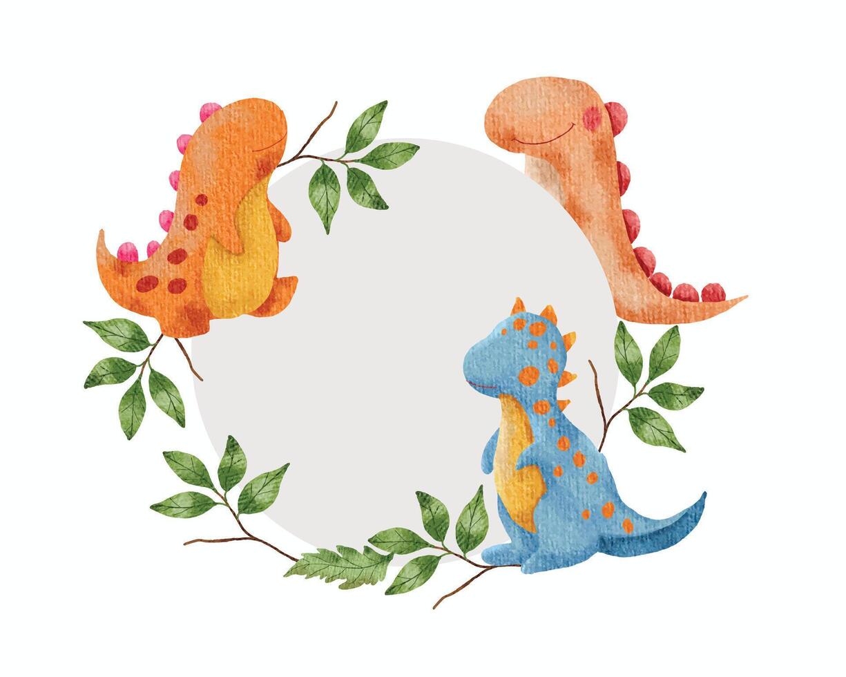 Cute Colorful Dinosaur Watercolor Wreath vector