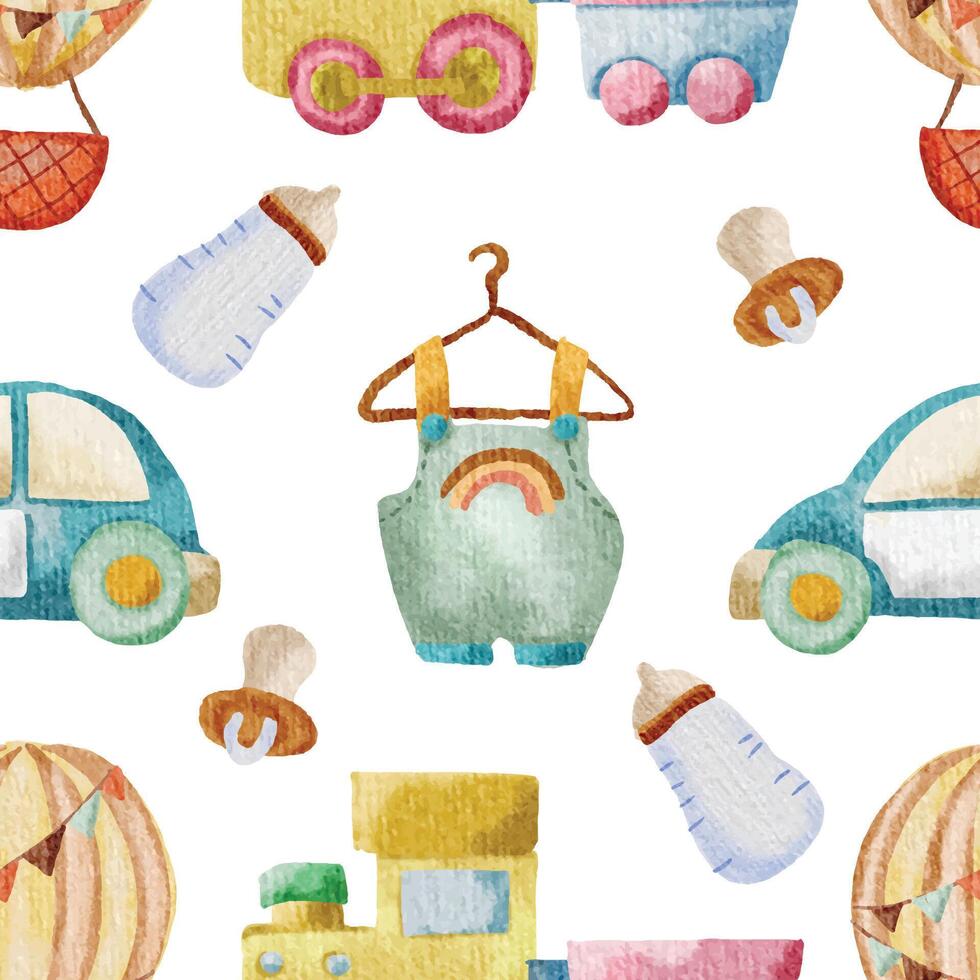 Cute Baby Stuff Watercolor Seamless Pattern vector