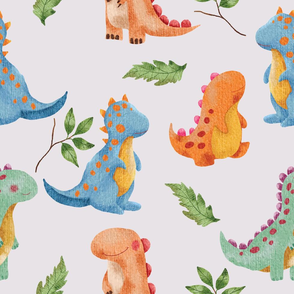 Cute Colorful Dinosaur Watercolor Seamless Pattern vector