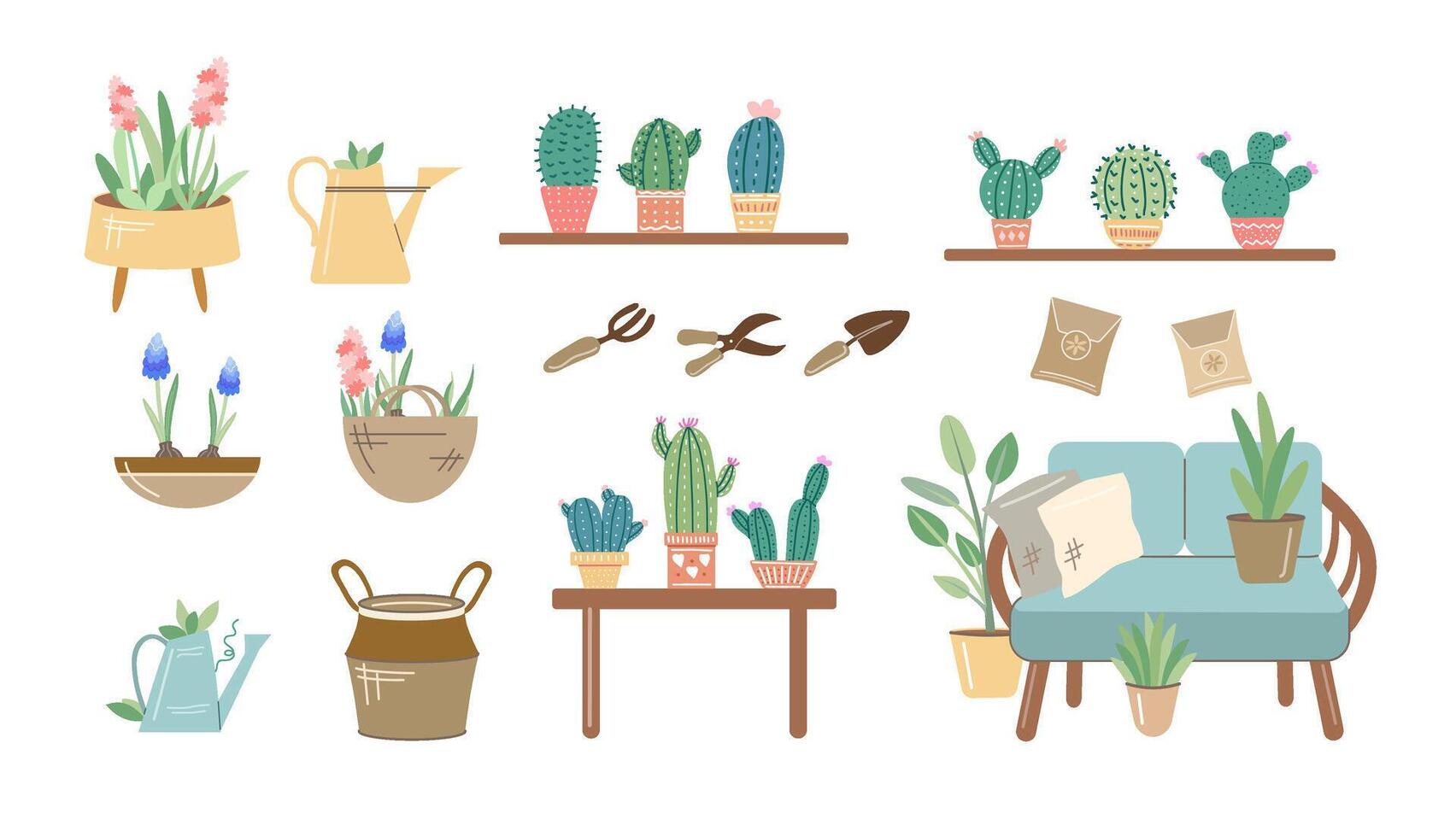 Balcony gardening tool set. Illustration of garden elements, spade, pitchfork, plants, watering can, grass, rattan sofa, hyacinth, lavender. Flat style. vector