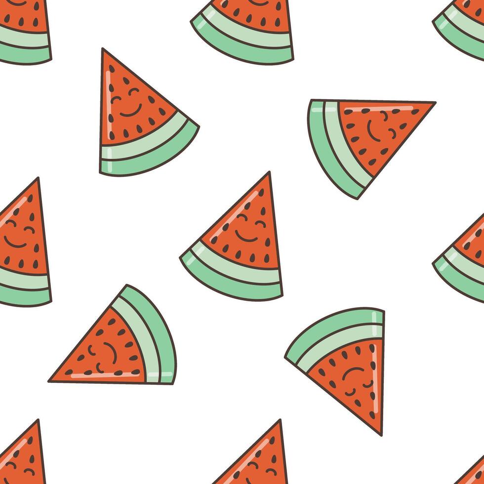 Seamless pattern of smiling watermelon slice. Illustration in cartoon style. 70s retro clipart design. vector
