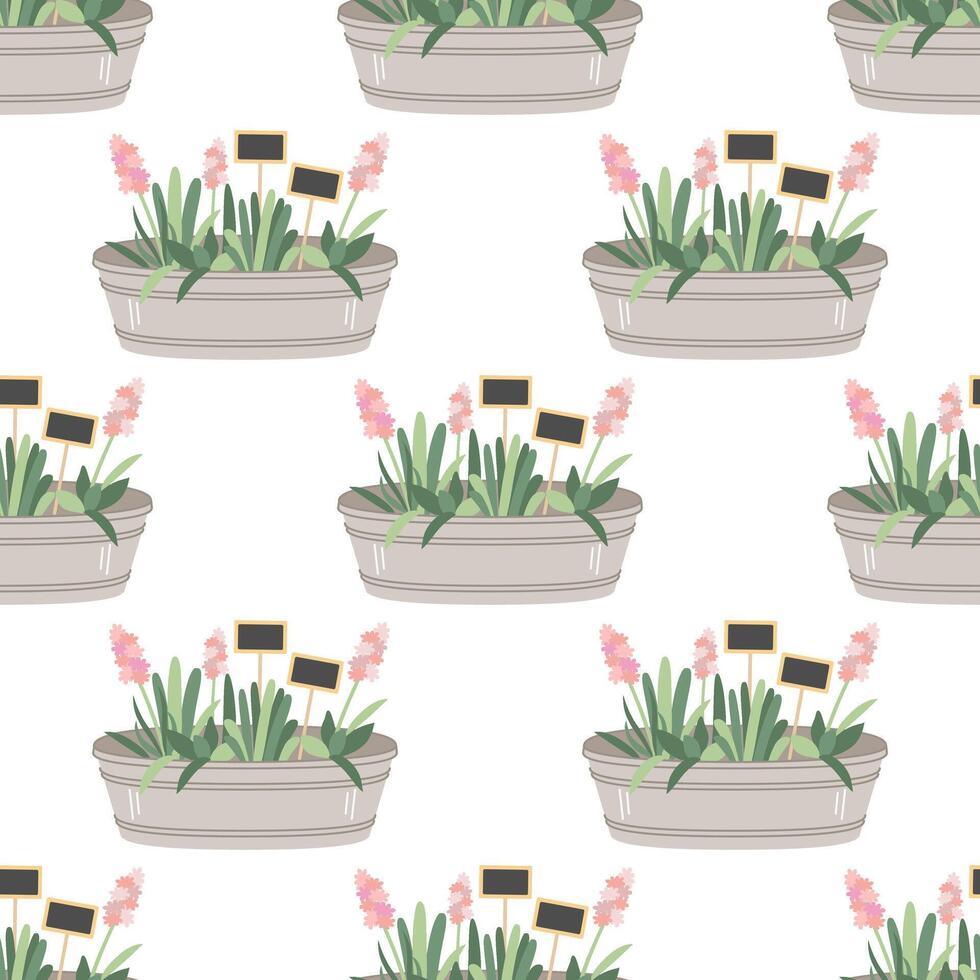 Seamless pattern of a metal garden bucket with grass and plants. vector
