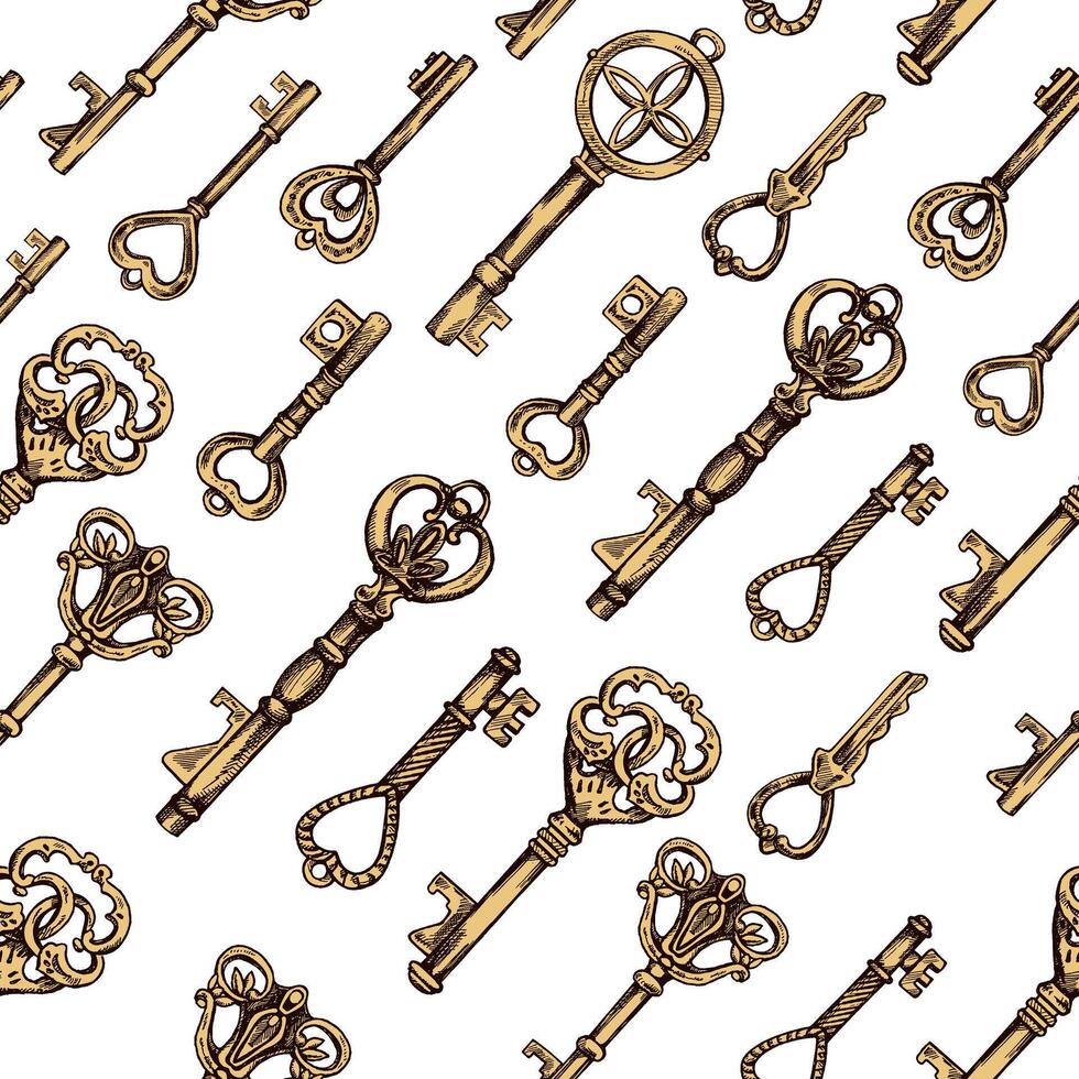 Hand-drawn colored seamless pattern of vintage decorative keys sketches with intricate forging. Ink and pen drawing illustration. vector