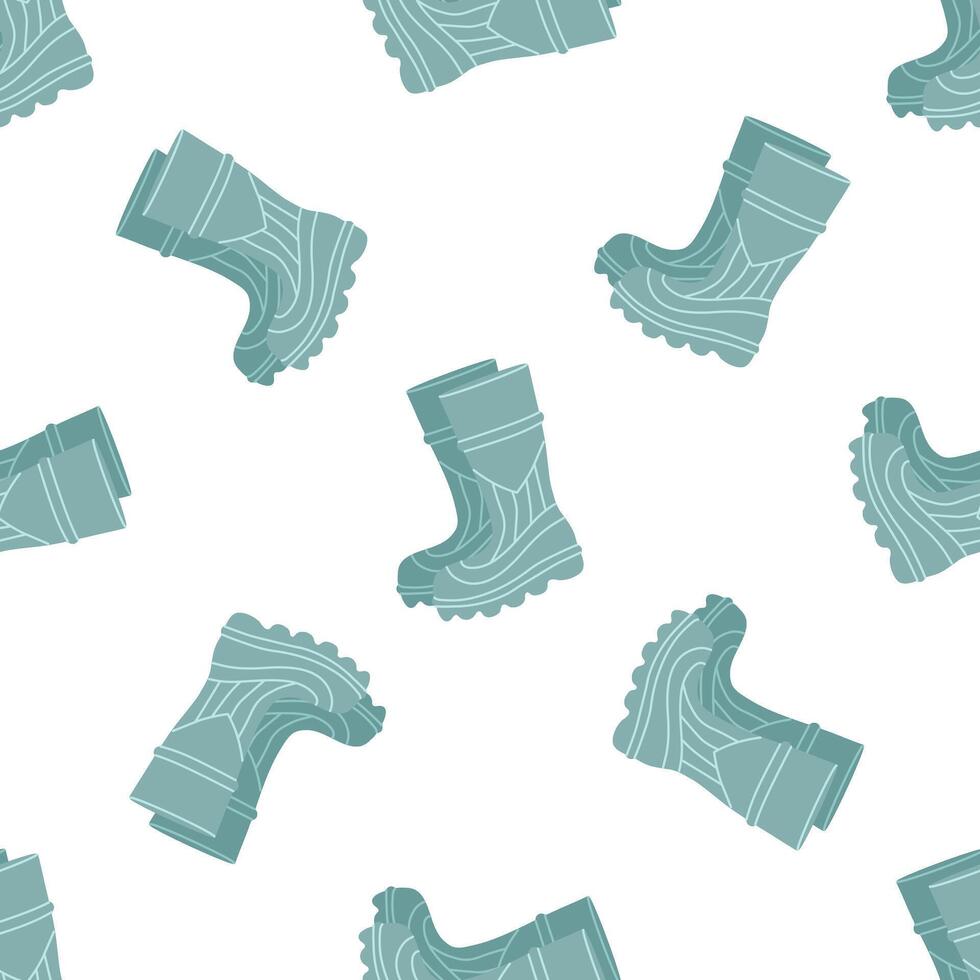 Seamless pattern of a pair of turquoise colored rubber boots, waterproof shoes for seasonal flat design. vector