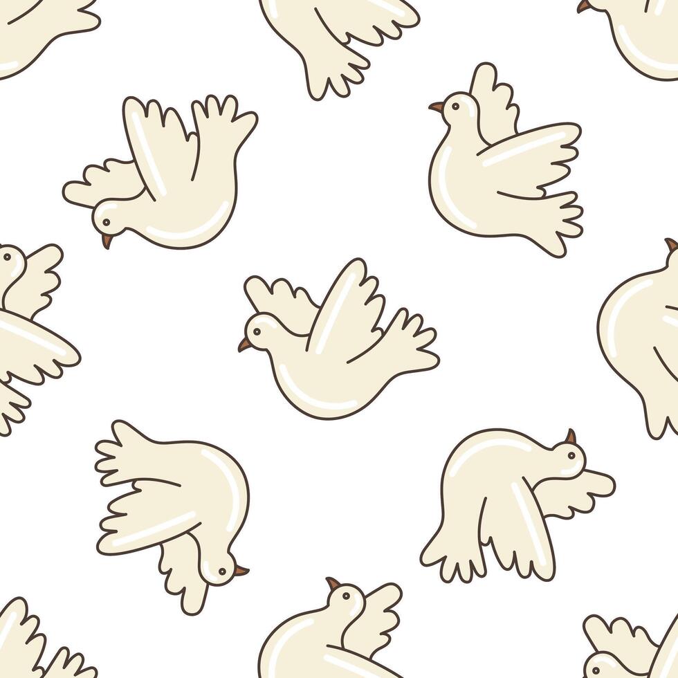 Peace dove flying seamless pattern. Illustration in cartoon style. 70s retro clipart design. vector