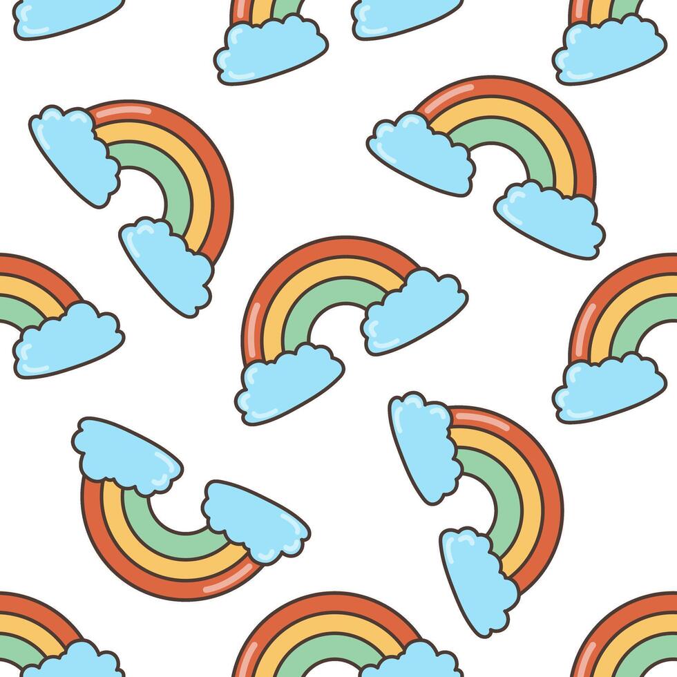 Rainbow with clouds seamless pattern. Illustration in cartoon style. 70s retro clipart design. vector