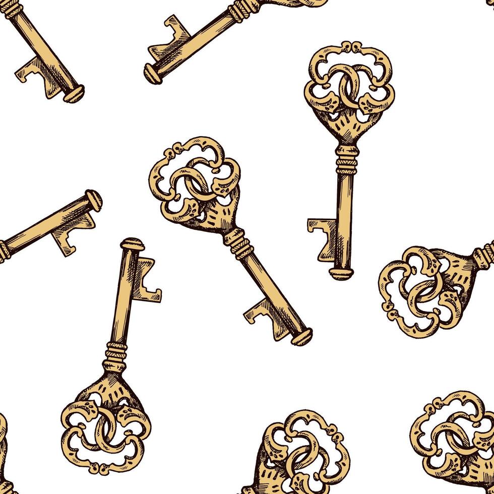 Hand-drawn colored seamless pattern of vintage decorative keys sketches with intricate forging. Ink and pen drawing illustration. vector