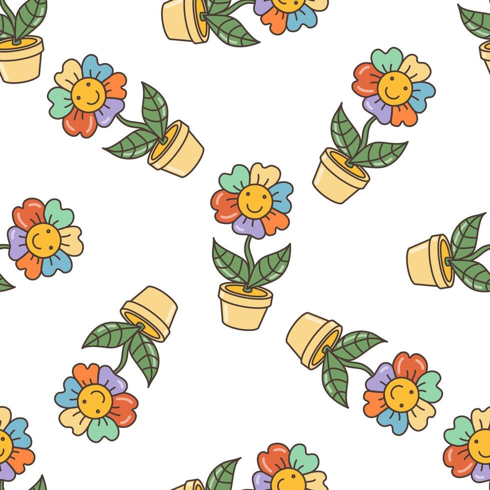 Seamless pattern of smiling multicolored daisy in a flower pot. Illustration in cartoon style. 70s retro clipart design. vector