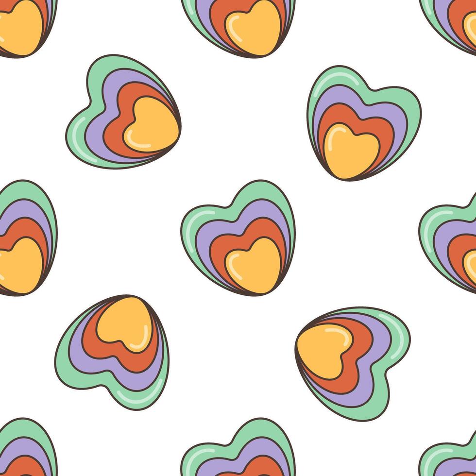 Multicolored heart seamless pattern. Illustration in cartoon style. 70s retro clipart design. vector