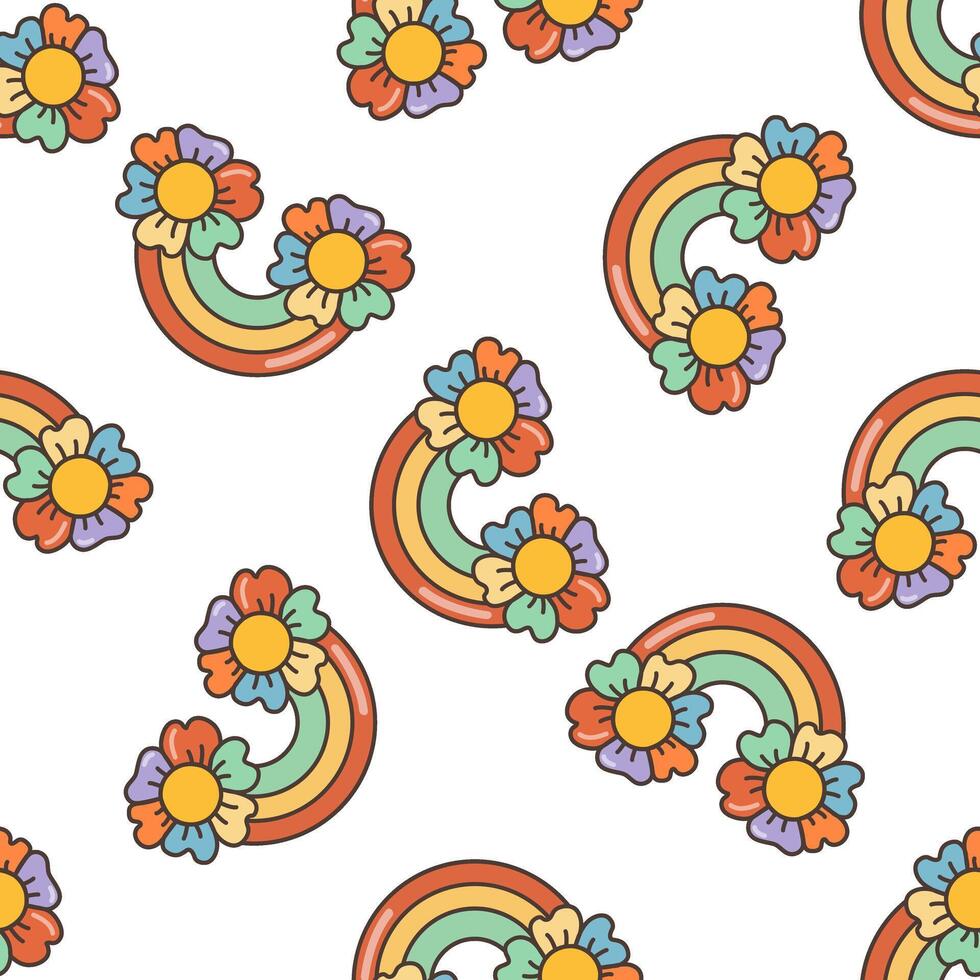 Rainbow with flowers seamless pattern. Illustration in cartoon style. 70s retro clipart design. vector