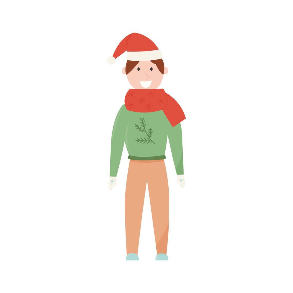 Boy in winter clothes and christmas red hat and knitted red scarf. flat illustration in cartoon style isolated on white background vector